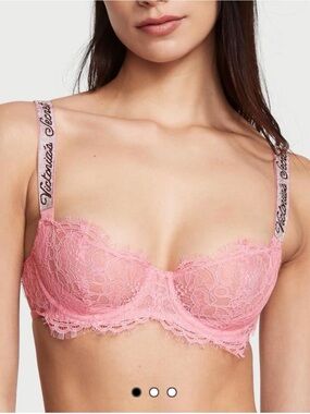 Victoria's Secret Pink Lace Balconette Bra with Rhinestone Logo Straps